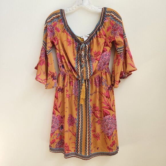 Jealous Tomato Mustard Pink Floral Bell Sleeve Elastic Waist Tunic Small Womens - Picture 1 of 12